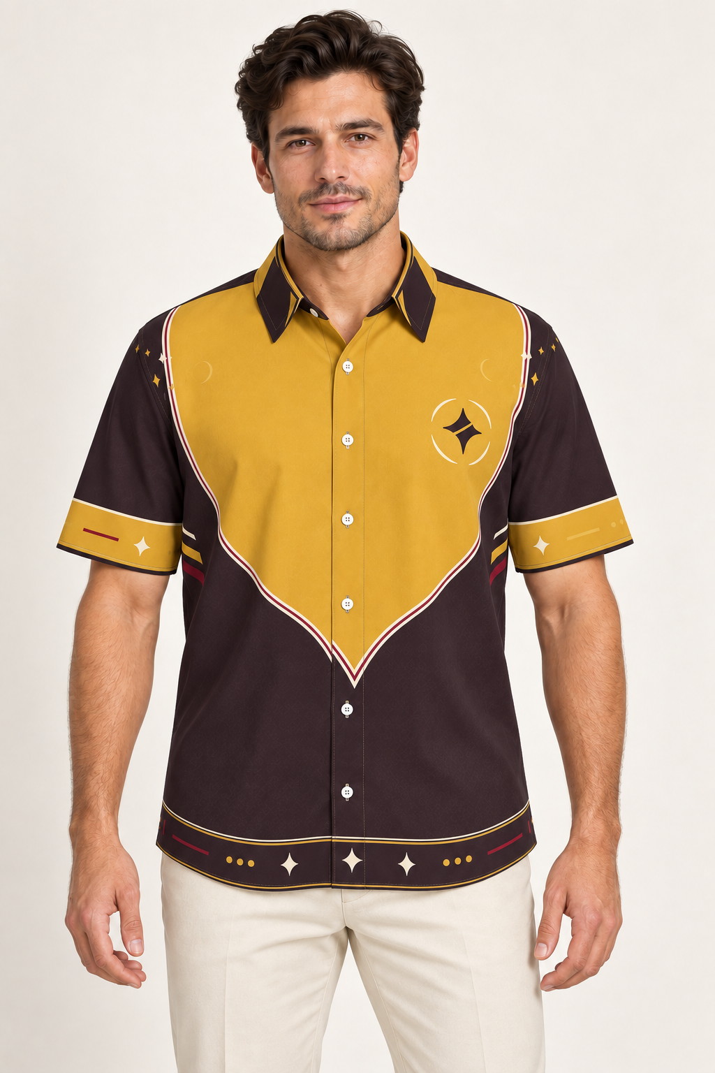 UNIKCOSA Solar Portico cotton satin shirt, front model view — AI styling illustration
