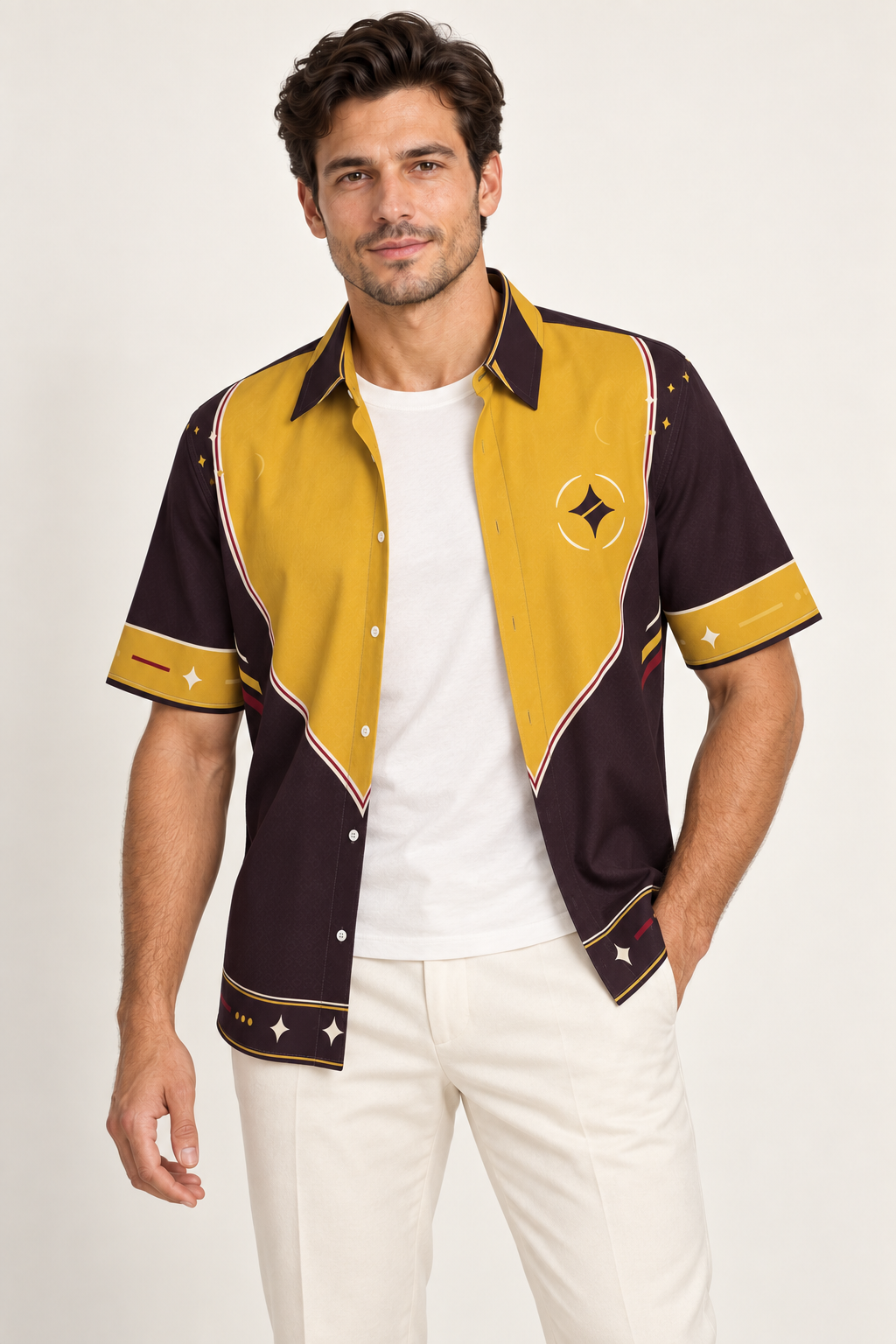 UNIKCOSA Solar Portico cotton satin shirt, open model view — AI styling illustration