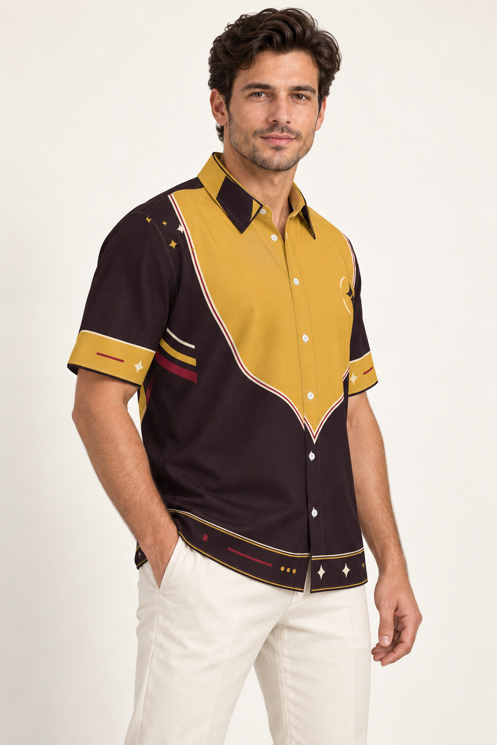 UNIKCOSA Solar Portico cotton satin shirt, side model view — AI styling illustration
