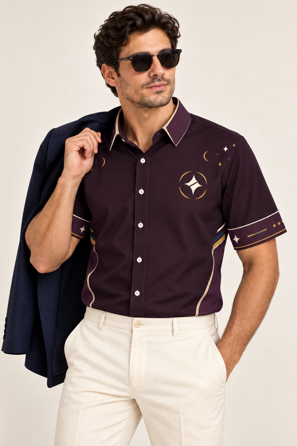 UNIKCOSA Plum Nocturne cotton satin shirt, editorial model view — AI styling illustration
