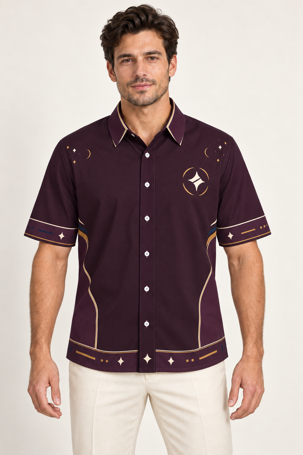 UNIKCOSA Plum Nocturne cotton satin shirt, front model view — AI styling illustration