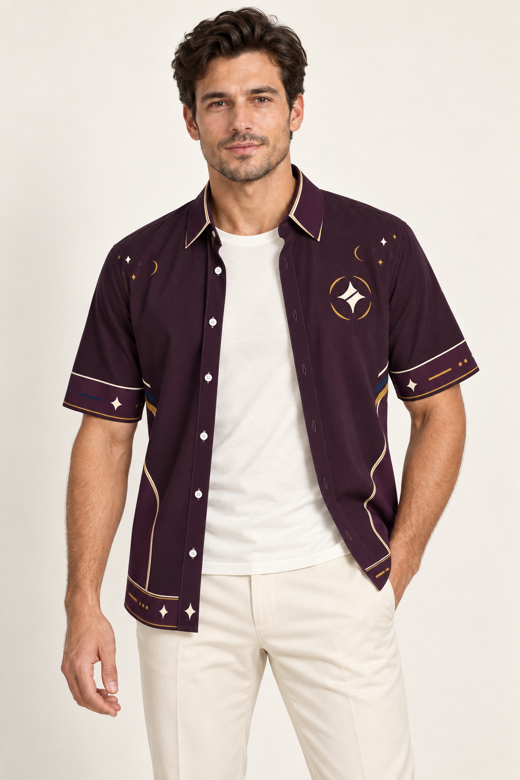 UNIKCOSA Plum Nocturne cotton satin shirt, open model view — AI styling illustration