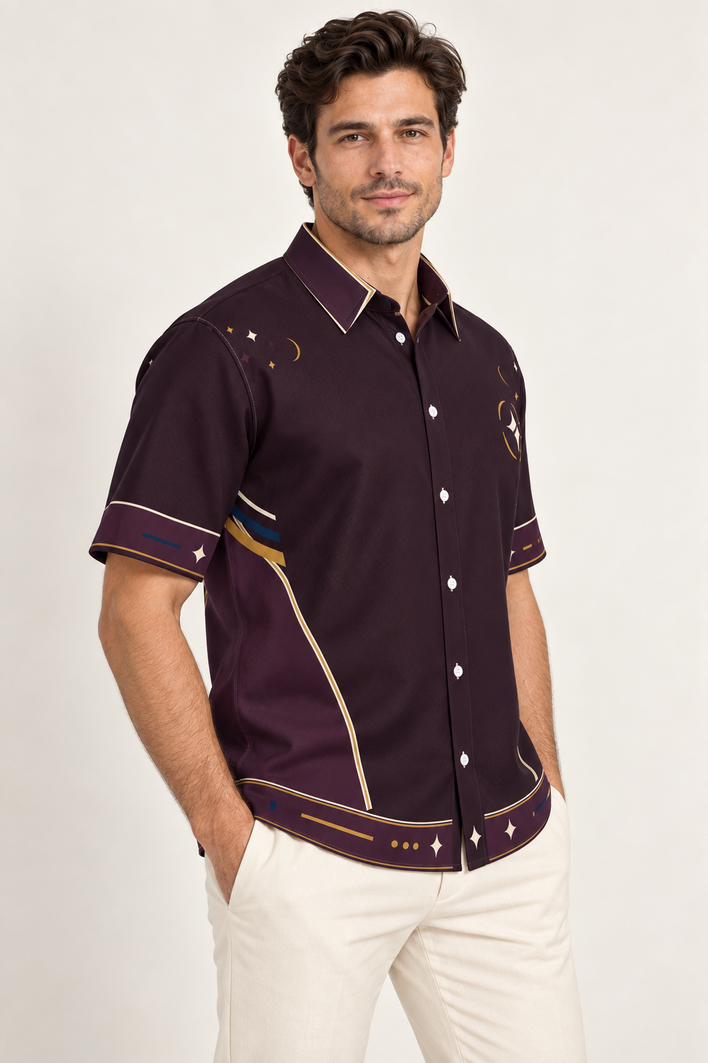 UNIKCOSA Plum Nocturne cotton satin shirt, side model view — AI styling illustration