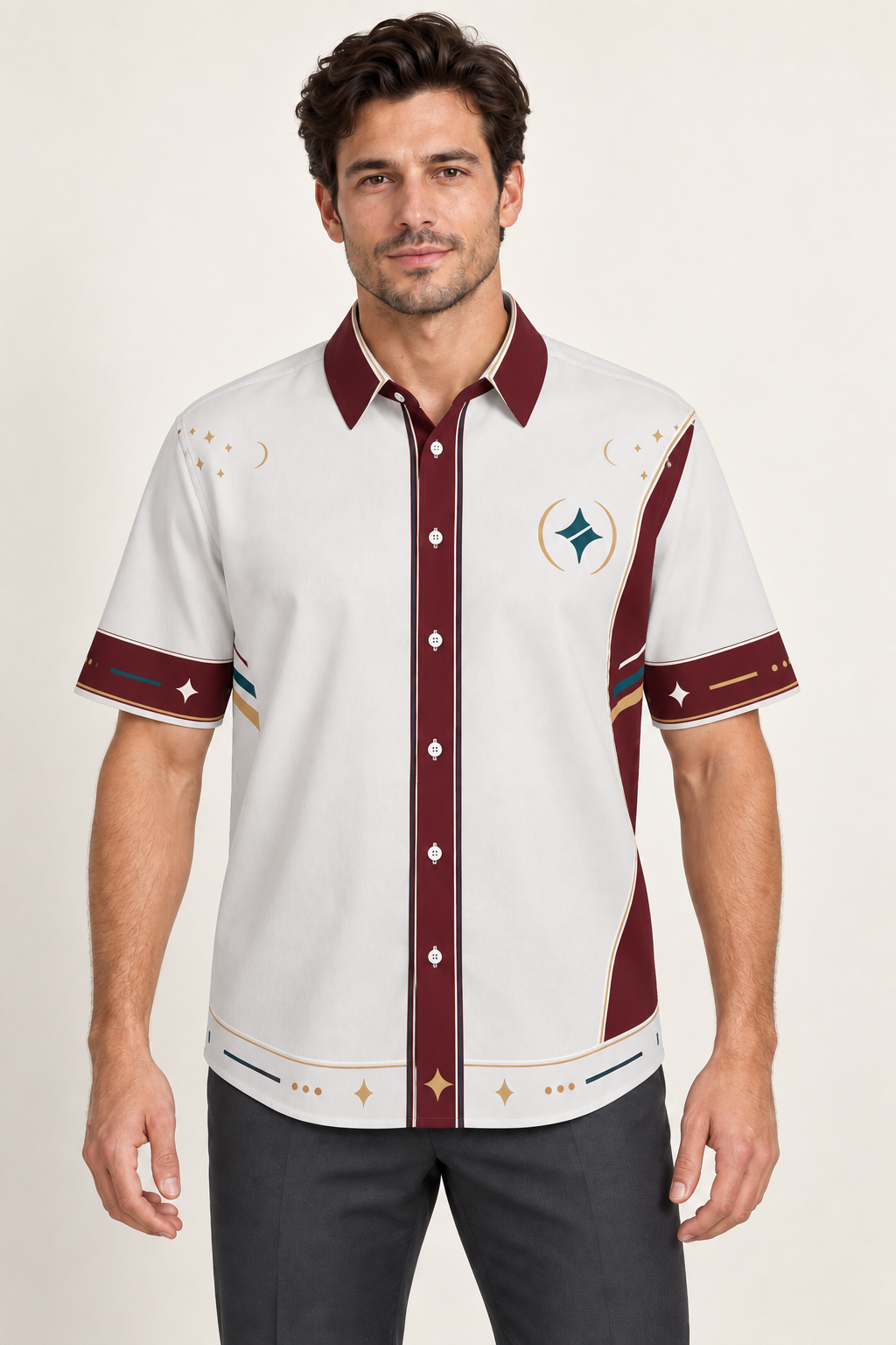 UNIKCOSA Glacier Passage cotton satin shirt, front model view — AI styling illustration