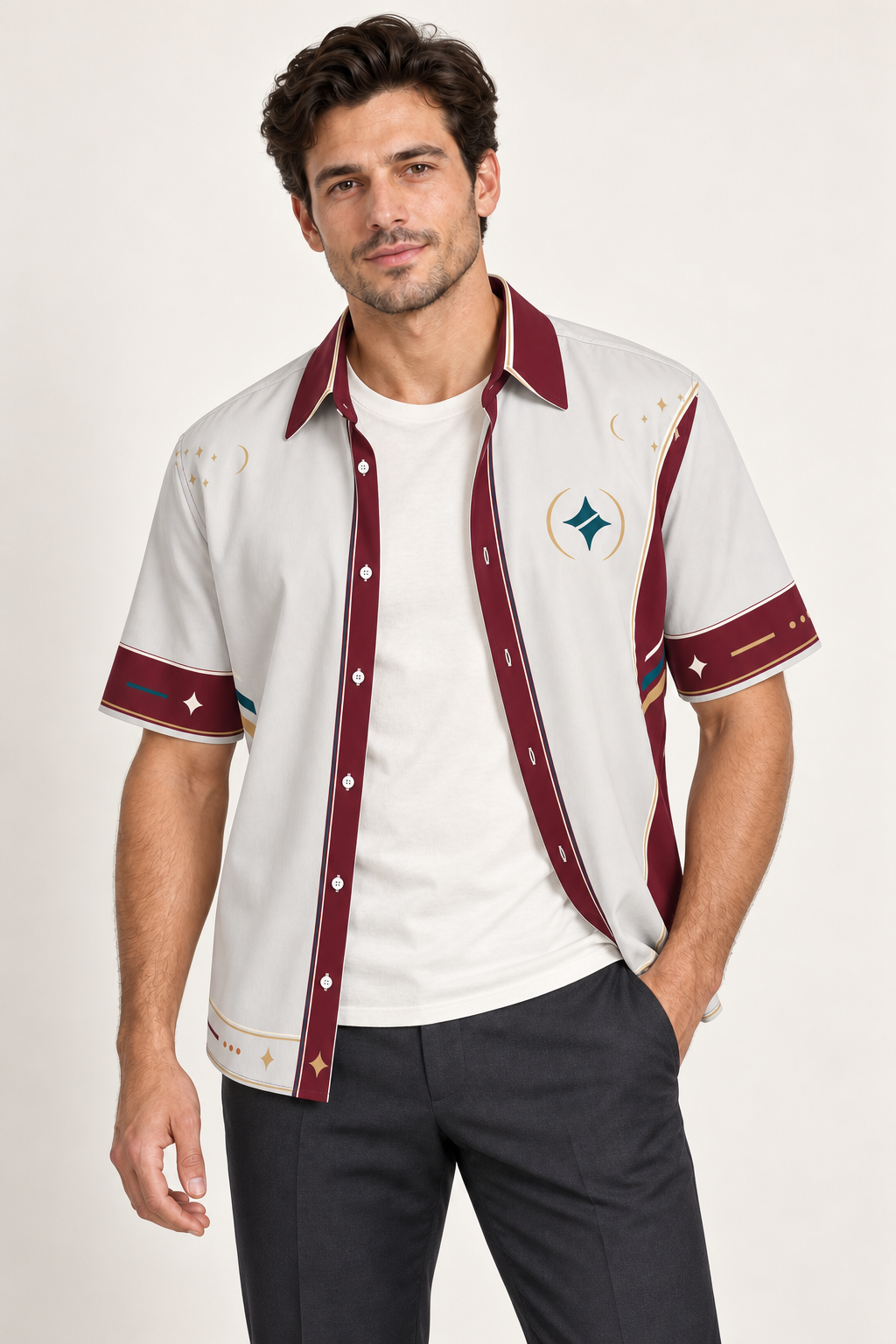 UNIKCOSA Glacier Passage cotton satin shirt, open model view — AI styling illustration