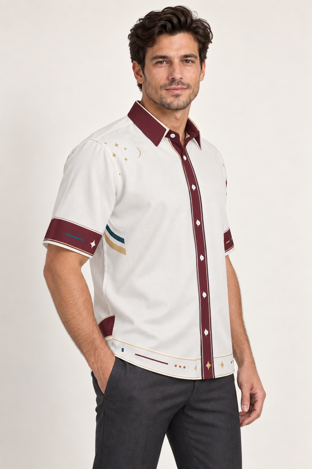 UNIKCOSA Glacier Passage cotton satin shirt, side model view — AI styling illustration