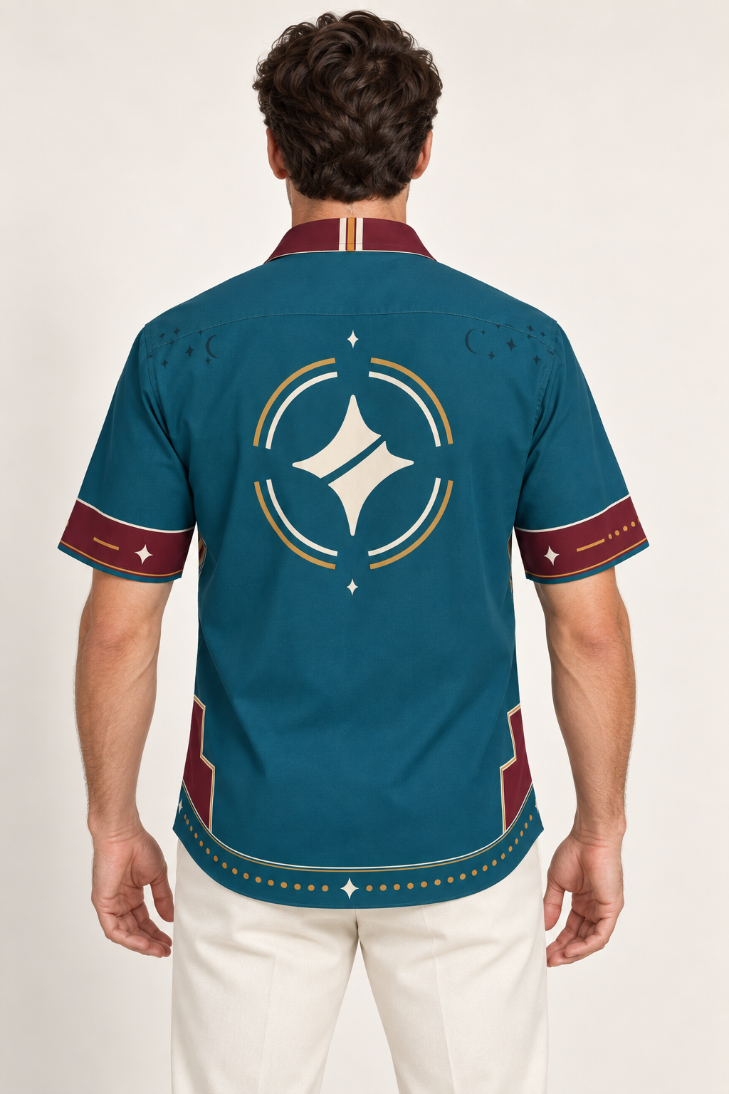 UNIKCOSA Peacock Parallax cotton satin shirt, back model view — AI styling illustration