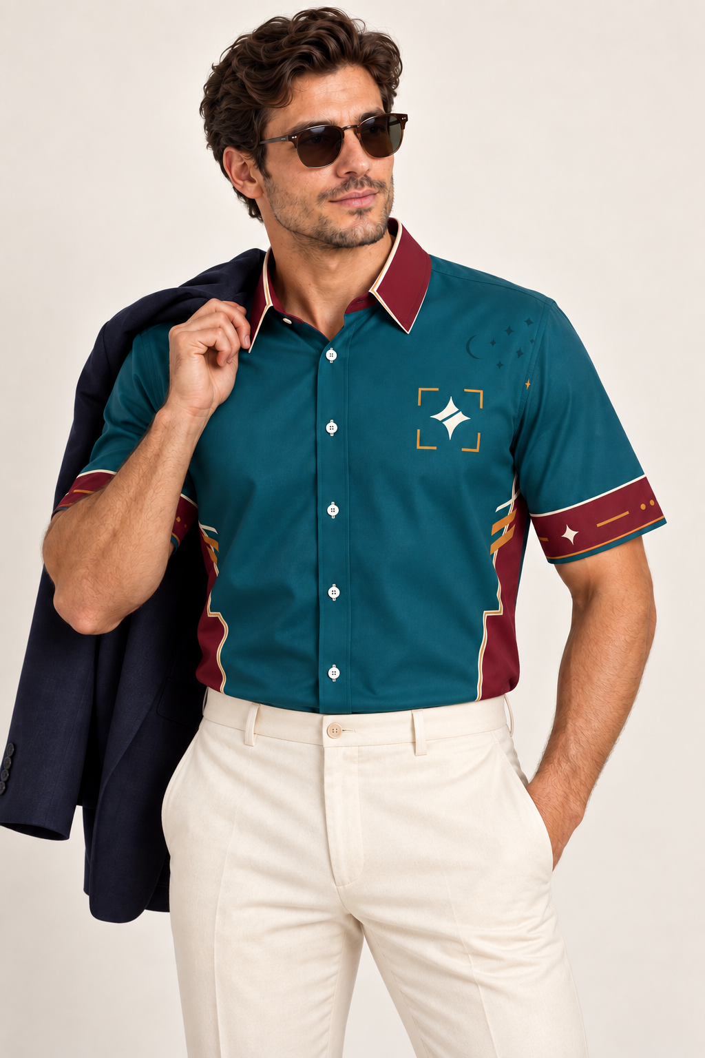UNIKCOSA Peacock Parallax cotton satin shirt, editorial model view — AI styling illustration