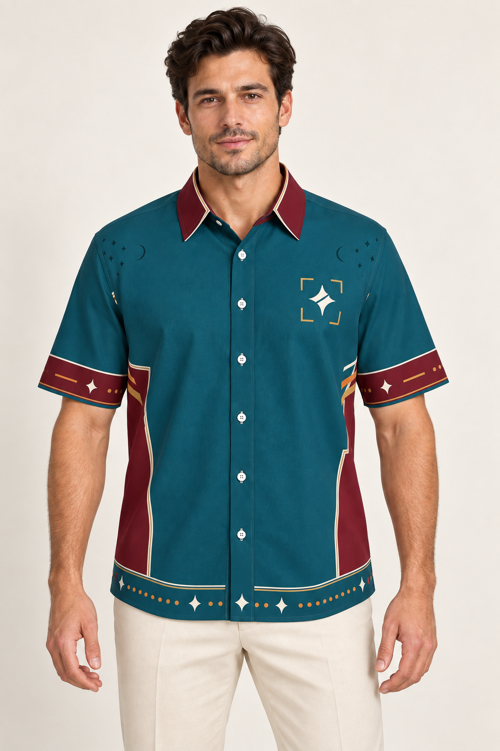 UNIKCOSA Peacock Parallax cotton satin shirt, front model view — AI styling illustration