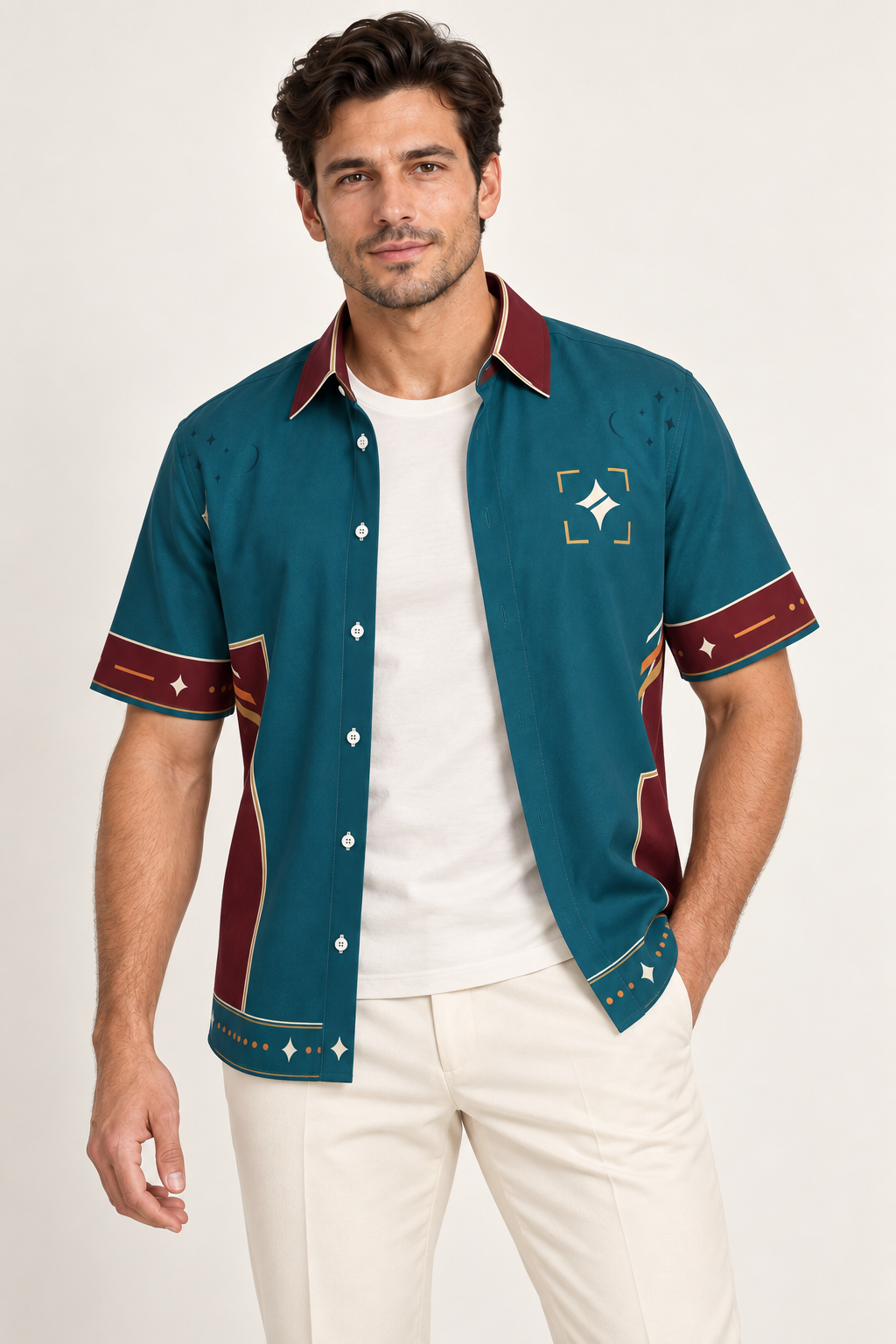 UNIKCOSA Peacock Parallax cotton satin shirt, open model view — AI styling illustration
