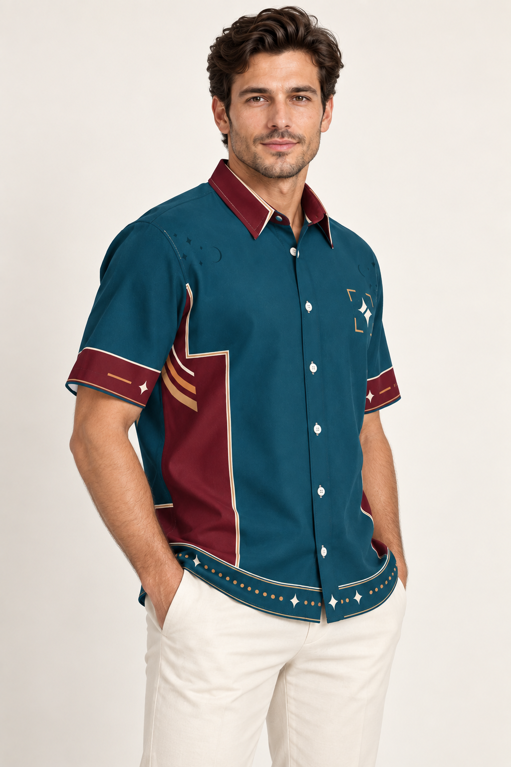 UNIKCOSA Peacock Parallax cotton satin shirt, side model view — AI styling illustration