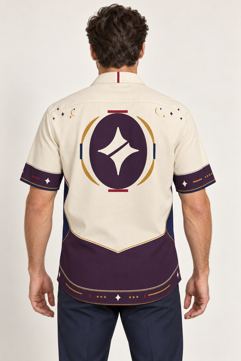 UNIKCOSA Royal Solstice cotton satin shirt, back model view — AI styling illustration