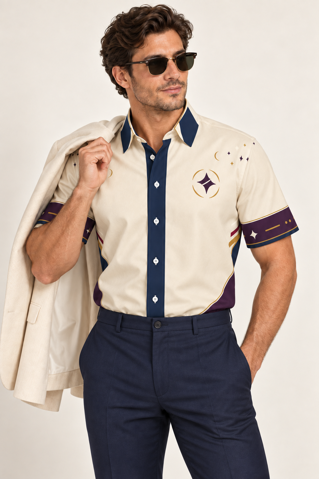 UNIKCOSA Royal Solstice cotton satin shirt, editorial model view — AI styling illustration