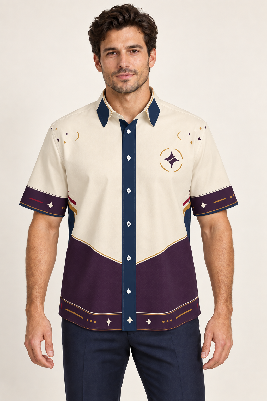UNIKCOSA Royal Solstice cotton satin shirt, front model view — AI styling illustration