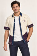 UNIKCOSA Royal Solstice cotton satin shirt, open model view — AI styling illustration
