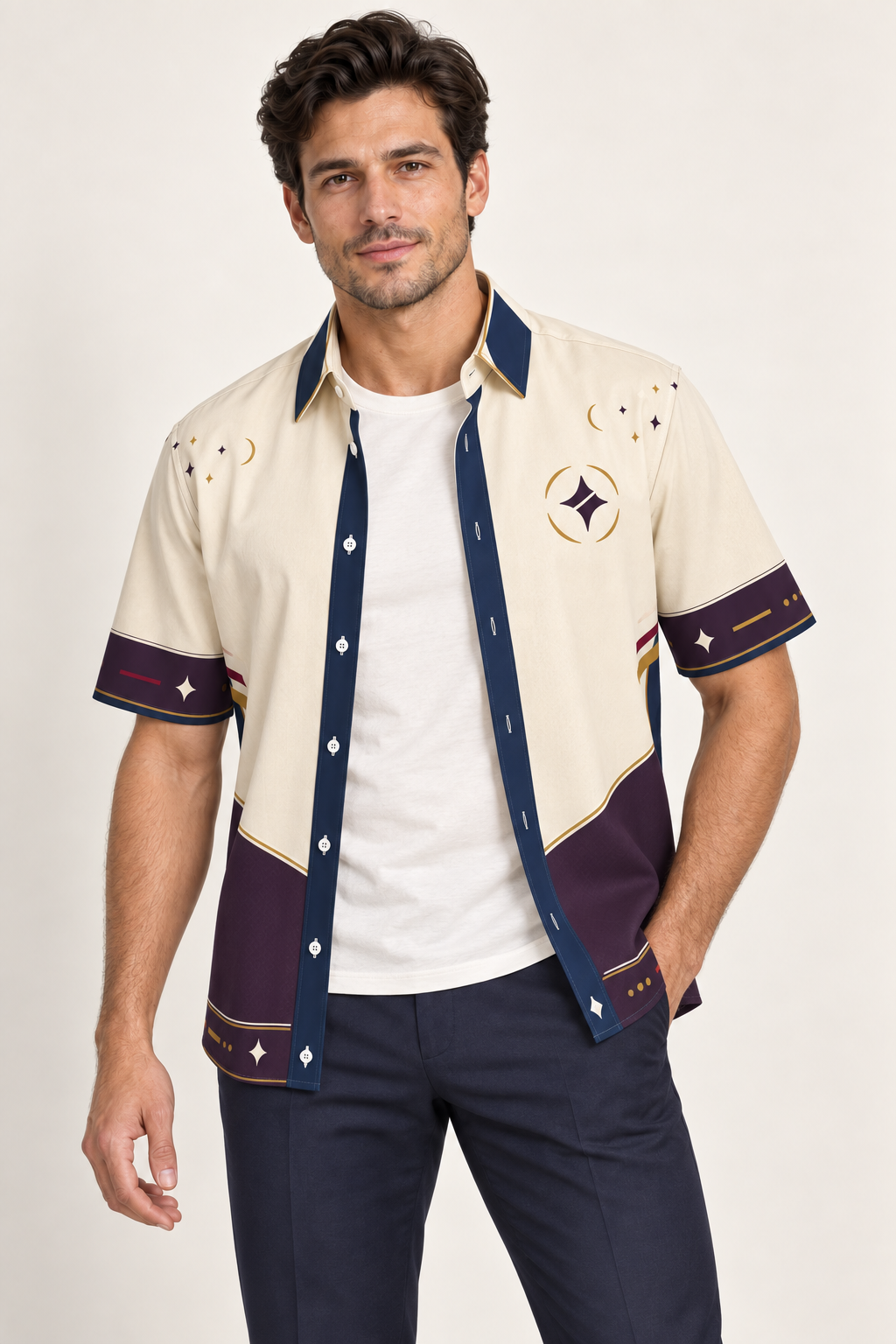 UNIKCOSA Royal Solstice cotton satin shirt, open model view — AI styling illustration