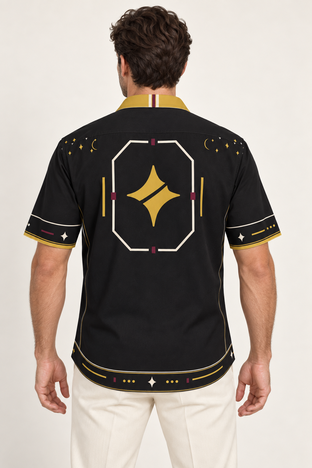 UNIKCOSA Noir Aurum cotton satin shirt, back model view — AI styling illustration