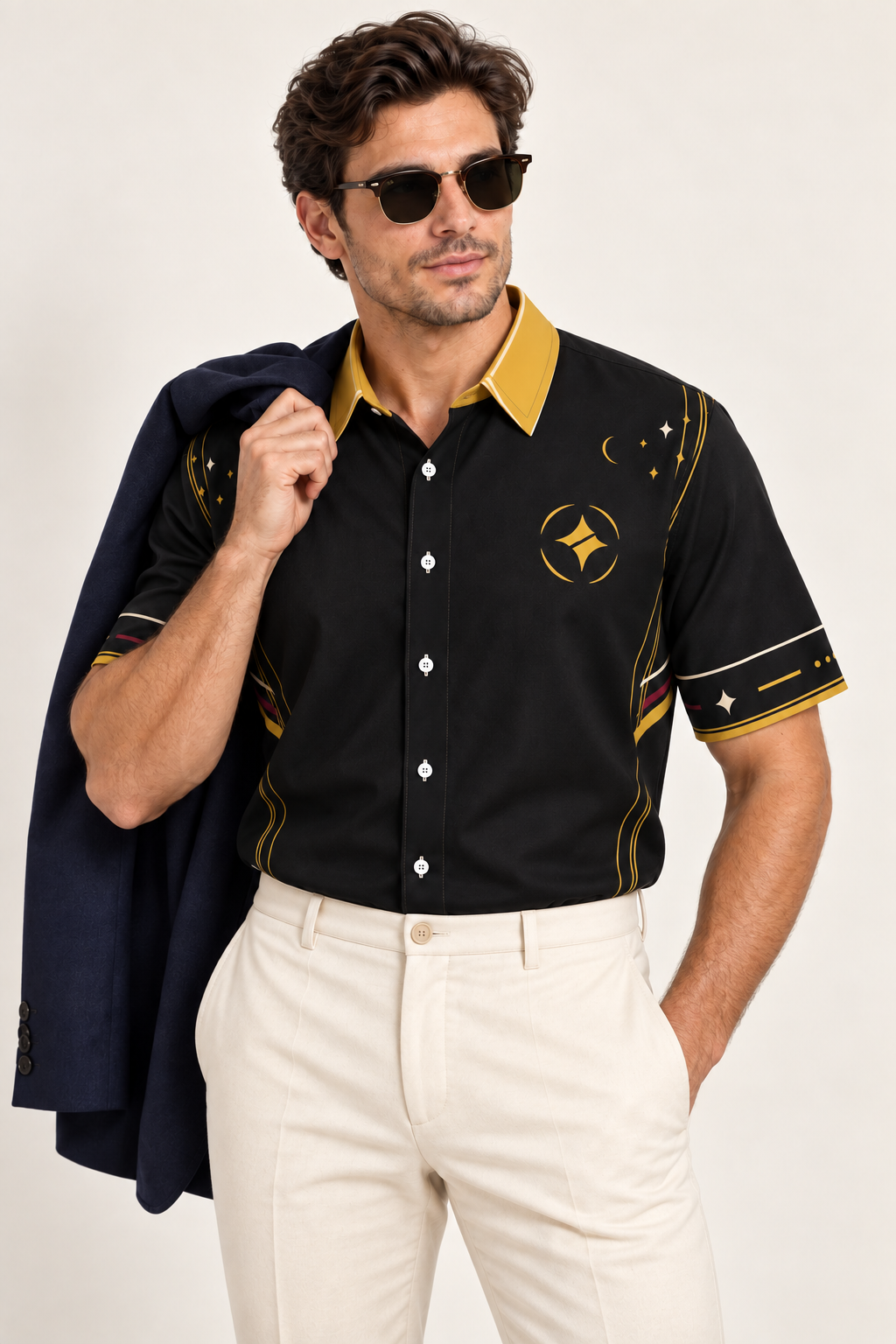 UNIKCOSA Noir Aurum cotton satin shirt, editorial model view — AI styling illustration