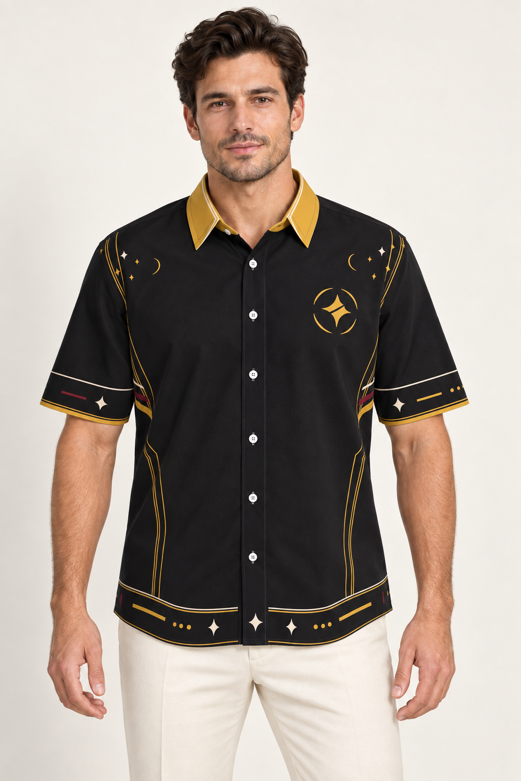 UNIKCOSA Noir Aurum cotton satin shirt, front model view — AI styling illustration