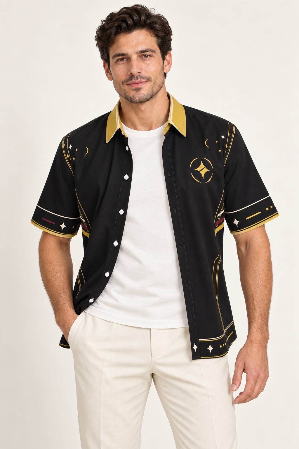 UNIKCOSA Noir Aurum cotton satin shirt, open model view — AI styling illustration