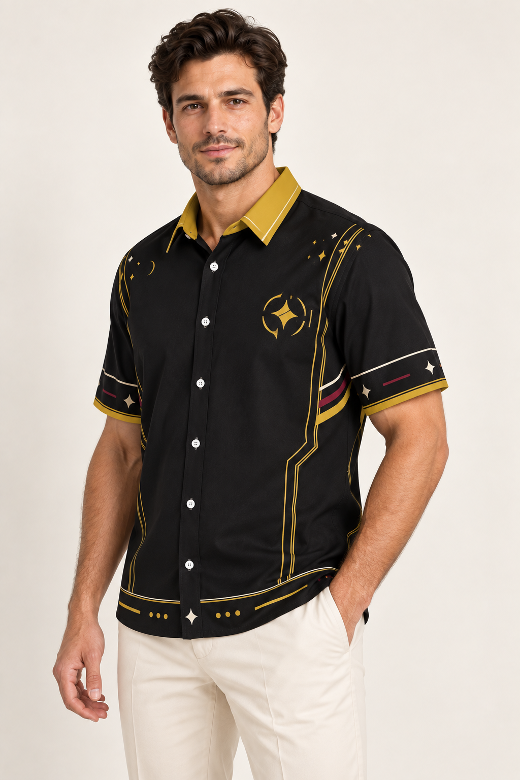 UNIKCOSA Noir Aurum cotton satin shirt, side model view — AI styling illustration