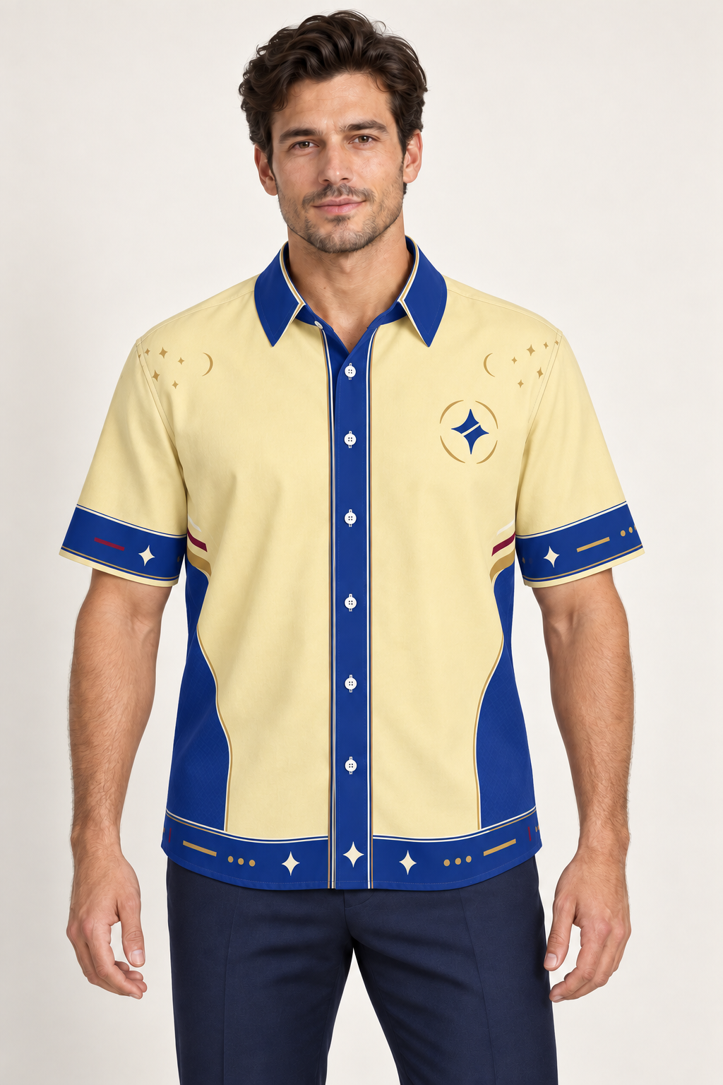 UNIKCOSA Cobalt Riviera cotton satin shirt, front model view — AI styling illustration