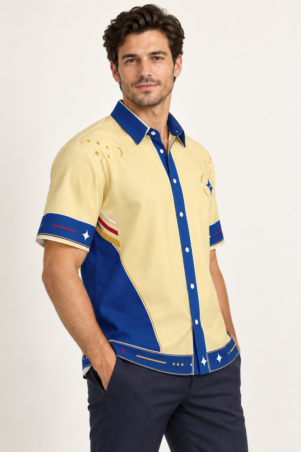 UNIKCOSA Cobalt Riviera cotton satin shirt, side model view — AI styling illustration