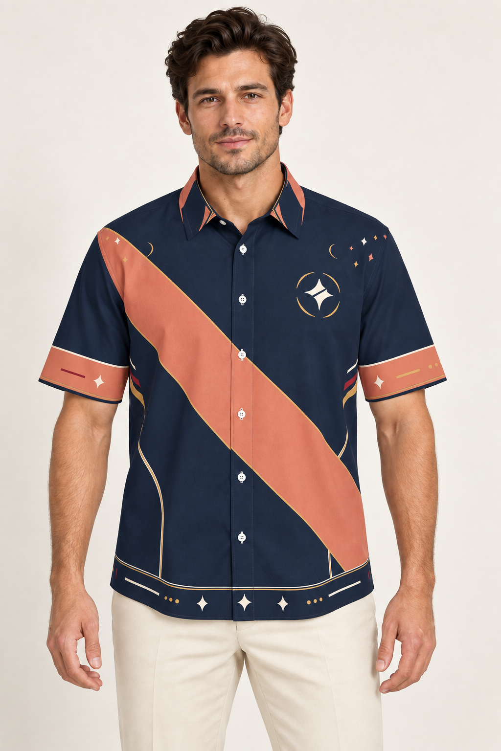 UNIKCOSA Coral Afterglow cotton satin shirt, front model view — AI styling illustration