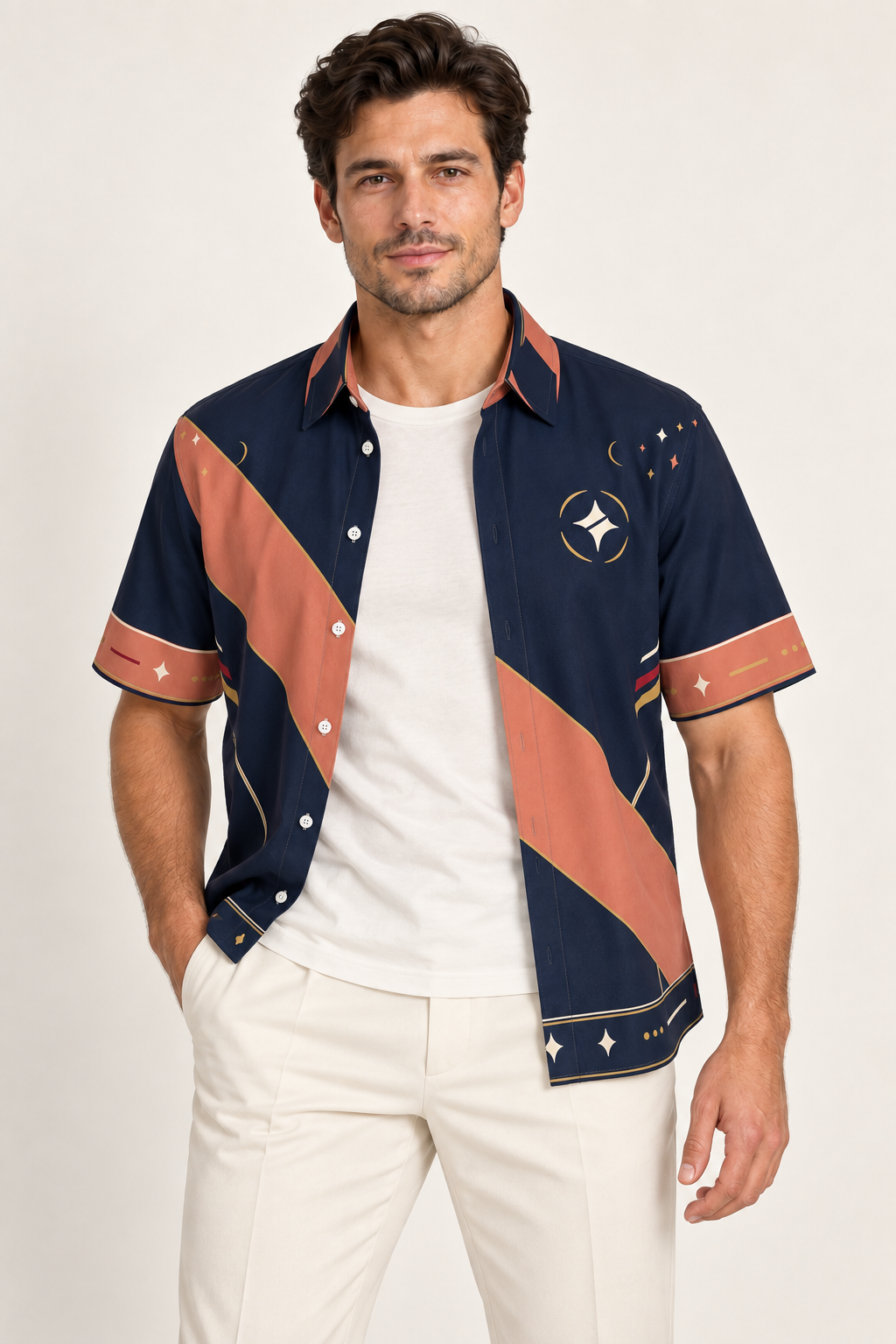 UNIKCOSA Coral Afterglow cotton satin shirt, open model view — AI styling illustration