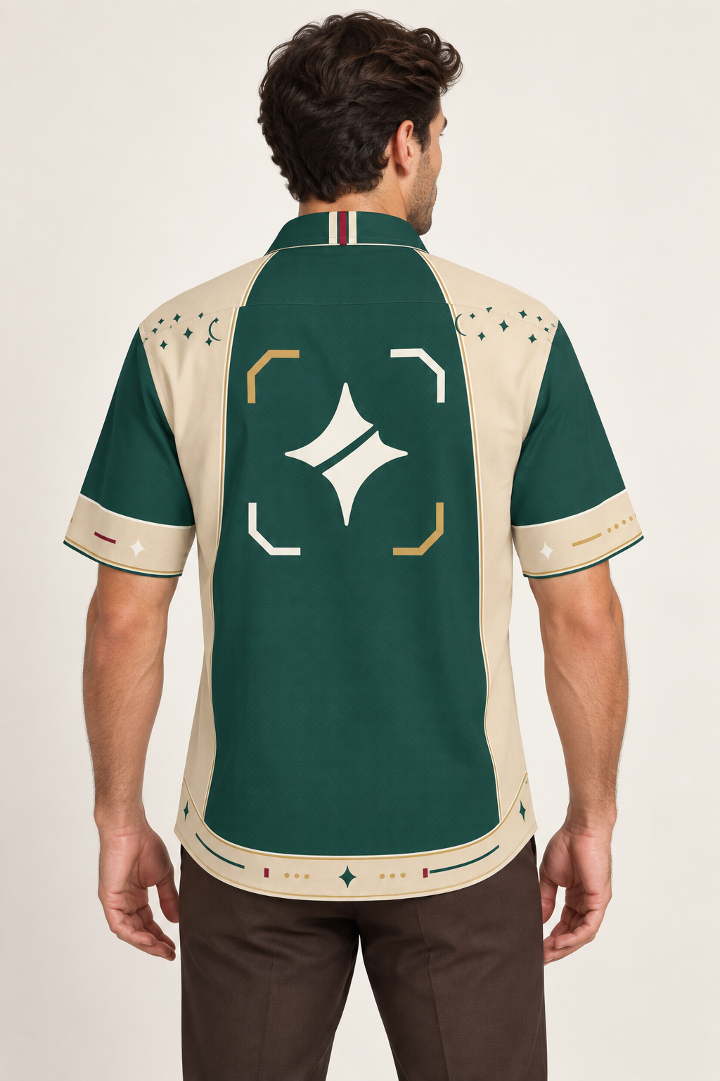 UNIKCOSA Jade Courtyard cotton satin shirt, back model view — AI styling illustration