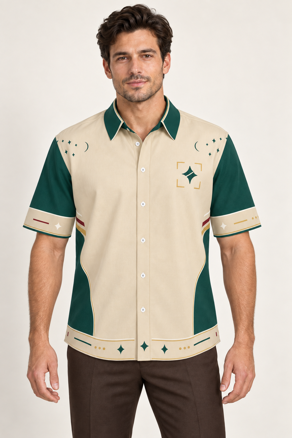 UNIKCOSA Jade Courtyard cotton satin shirt, front model view — AI styling illustration