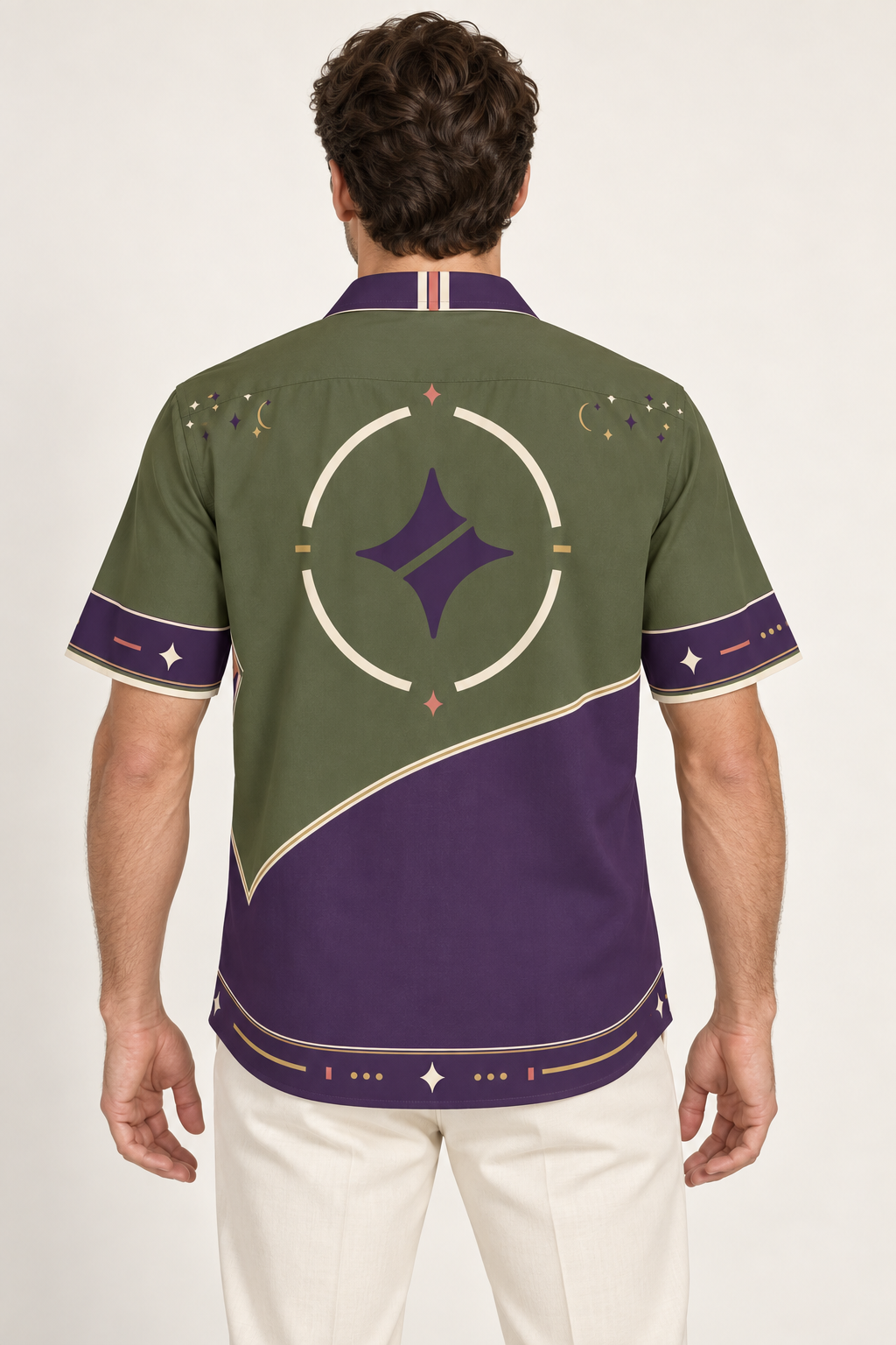 UNIKCOSA Violet Olive Reverie cotton satin shirt, back model view — AI styling illustration