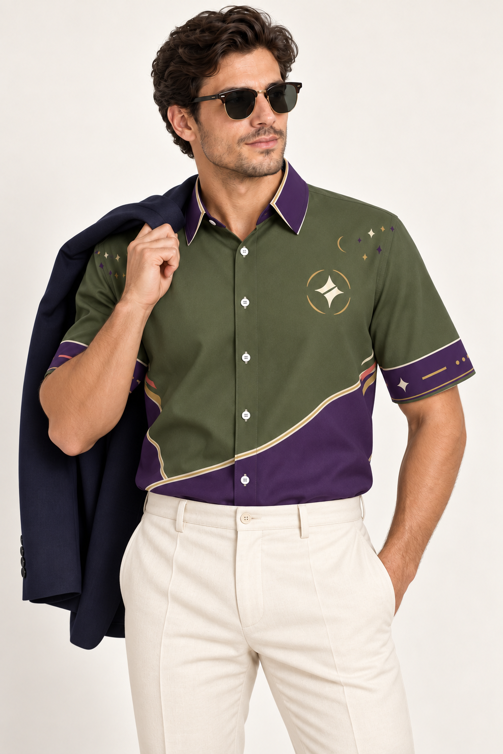 UNIKCOSA Violet Olive Reverie cotton satin shirt, editorial model view — AI styling illustration