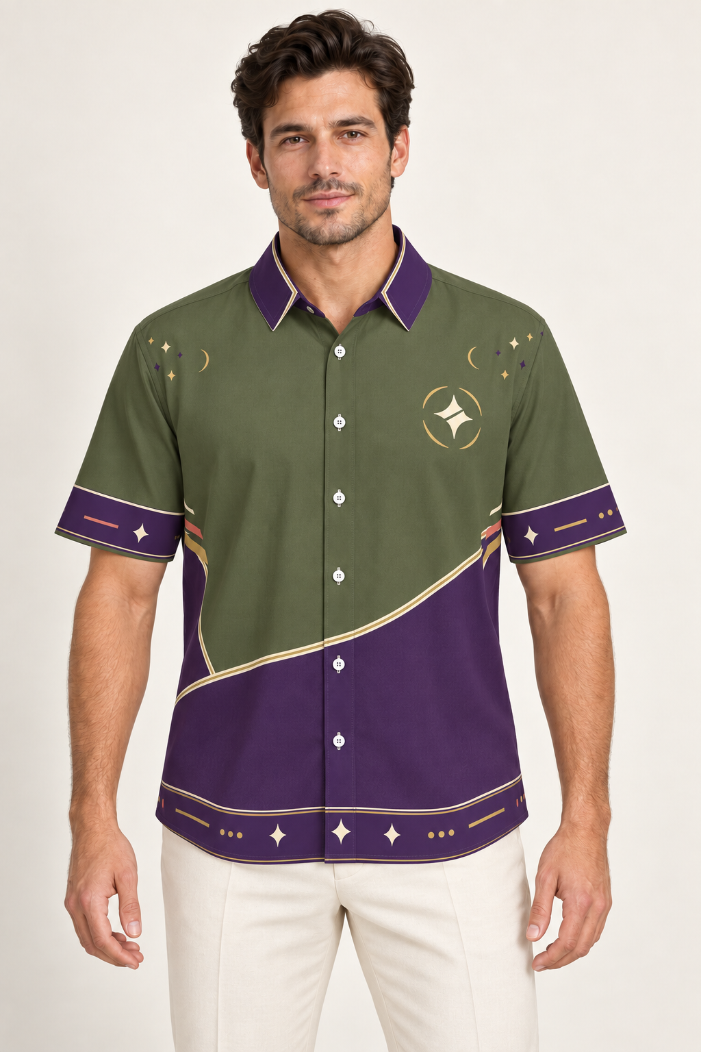 UNIKCOSA Violet Olive Reverie cotton satin shirt, front model view — AI styling illustration