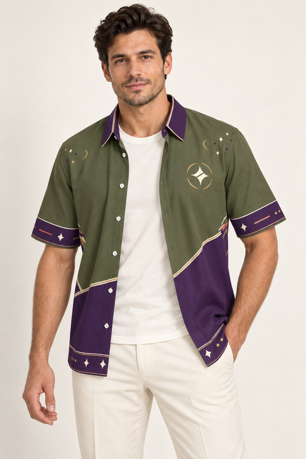 UNIKCOSA Violet Olive Reverie cotton satin shirt, open model view — AI styling illustration