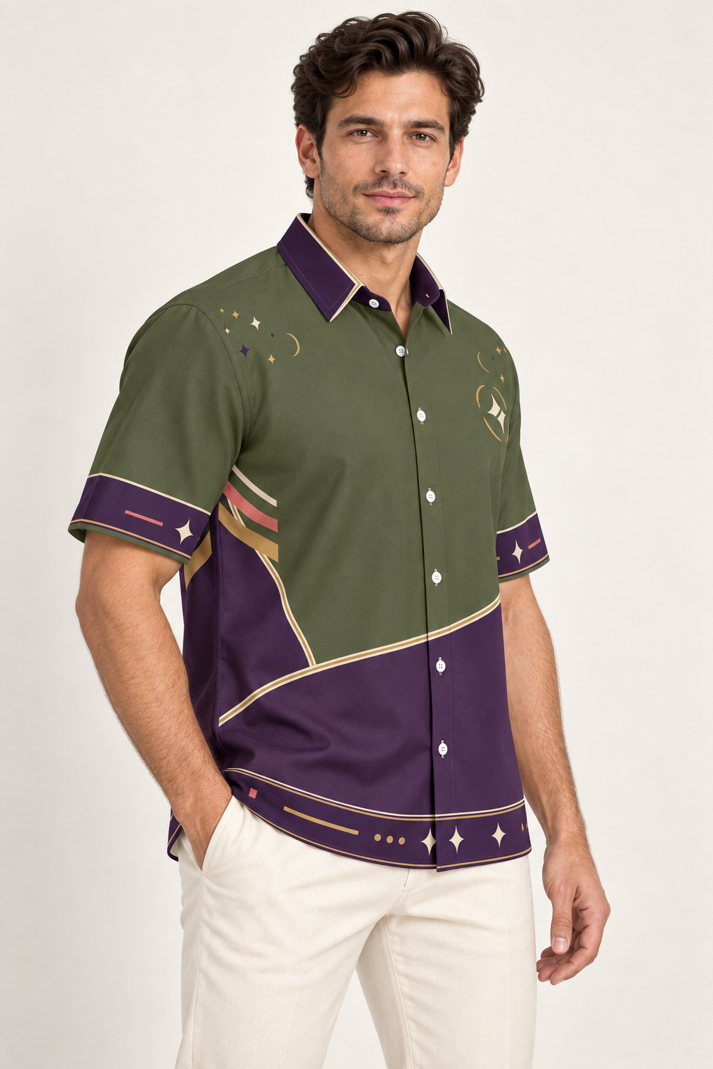 UNIKCOSA Violet Olive Reverie cotton satin shirt, side model view — AI styling illustration