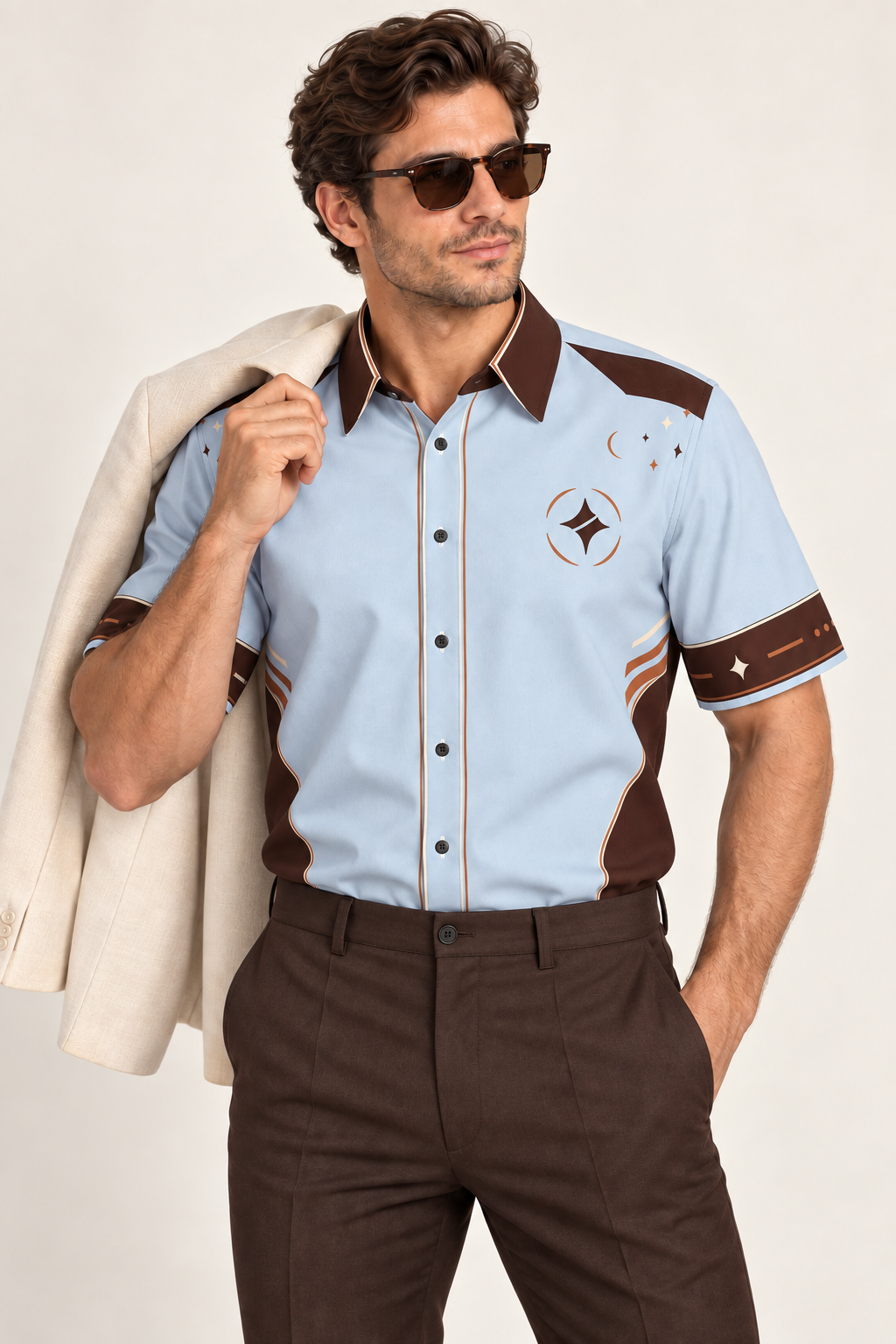 UNIKCOSA Chocolate Glace cotton satin shirt, editorial model view — AI styling illustration