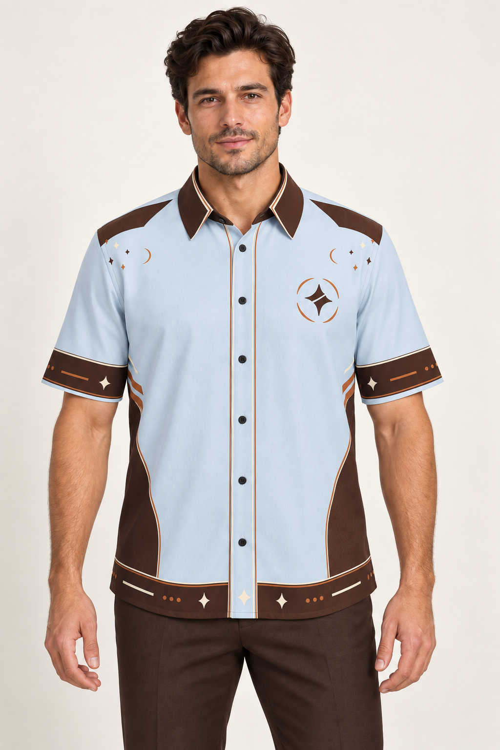 UNIKCOSA Chocolate Glace cotton satin shirt, front model view — AI styling illustration