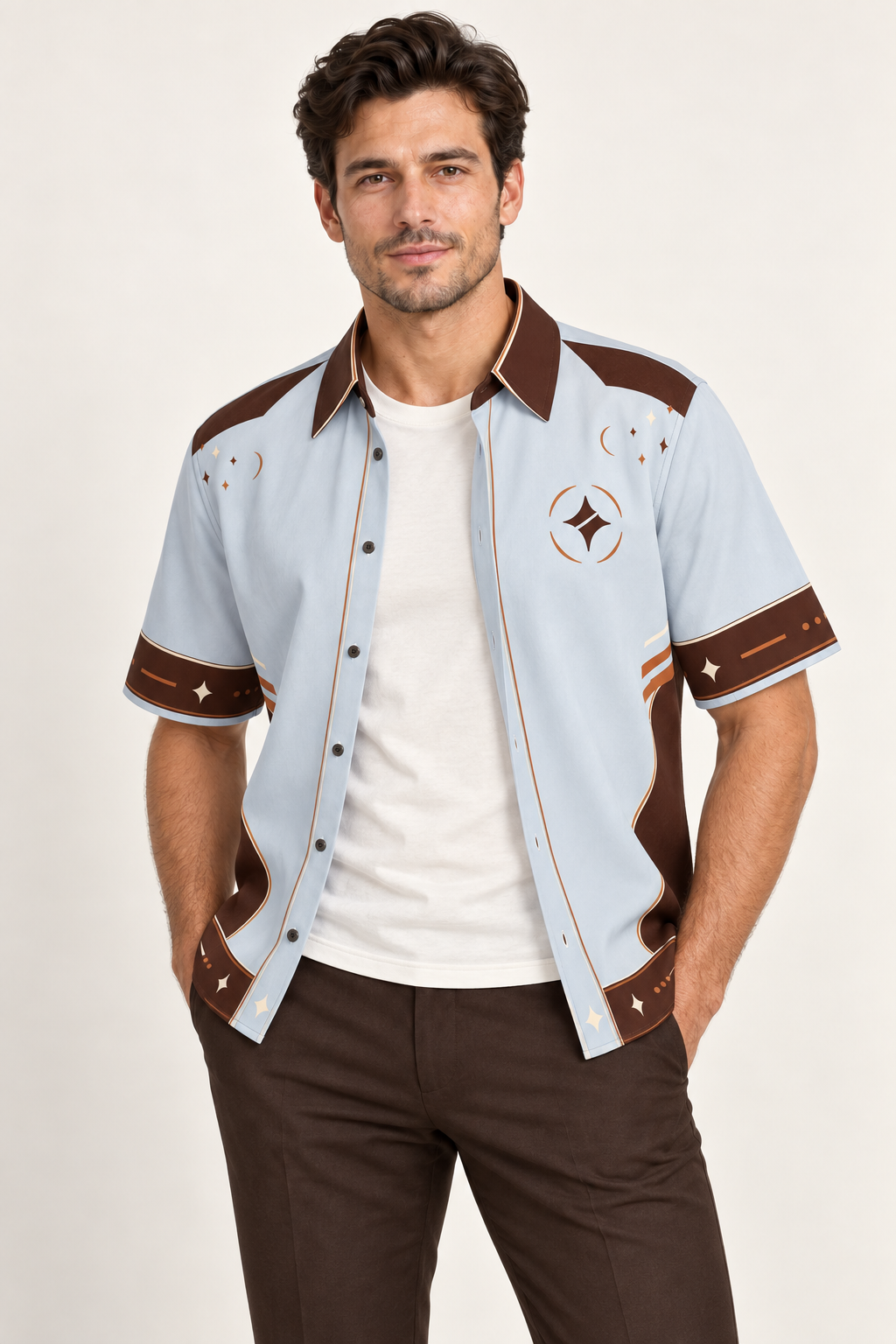 UNIKCOSA Chocolate Glace cotton satin shirt, open model view — AI styling illustration