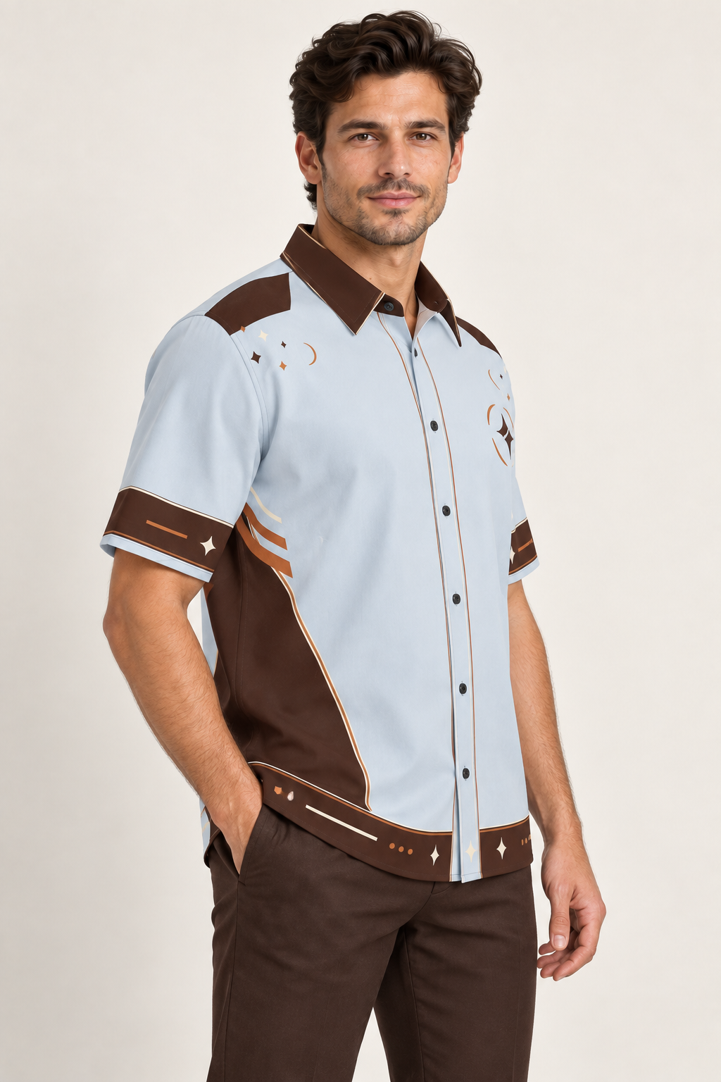 UNIKCOSA Chocolate Glace cotton satin shirt, side model view — AI styling illustration