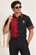 UNIKCOSA Crimson Atelier cotton satin shirt, editorial model view — AI styling illustration