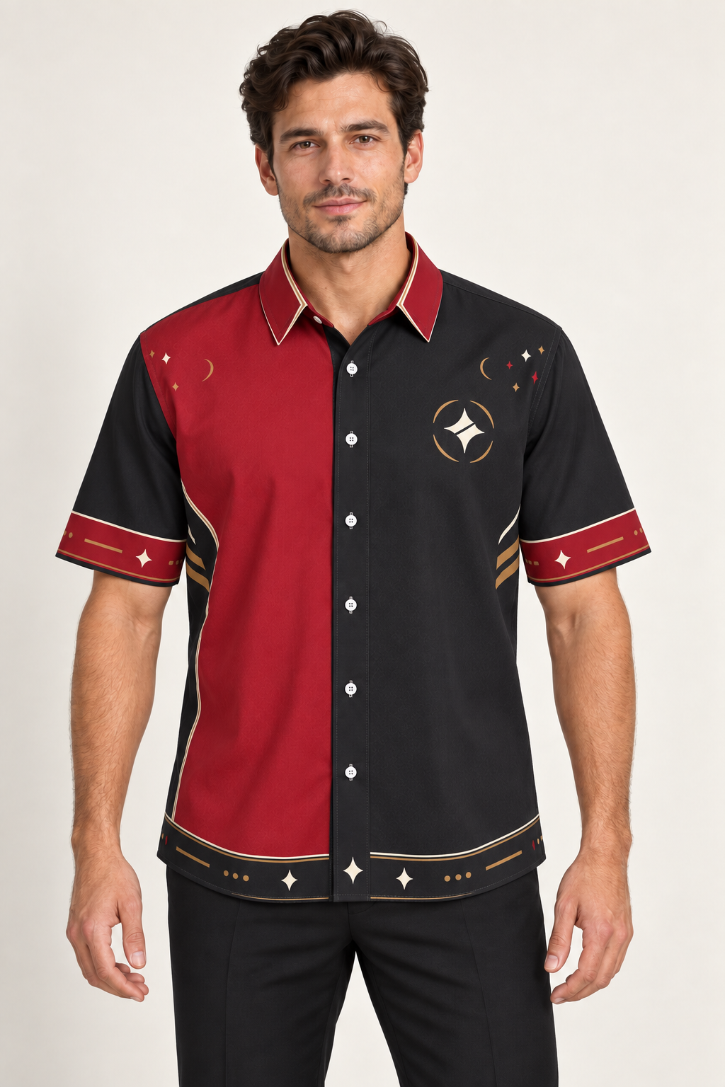 UNIKCOSA Crimson Atelier cotton satin shirt, front model view — AI styling illustration