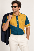 UNIKCOSA Saffron Current cotton satin shirt, editorial model view — AI styling illustration