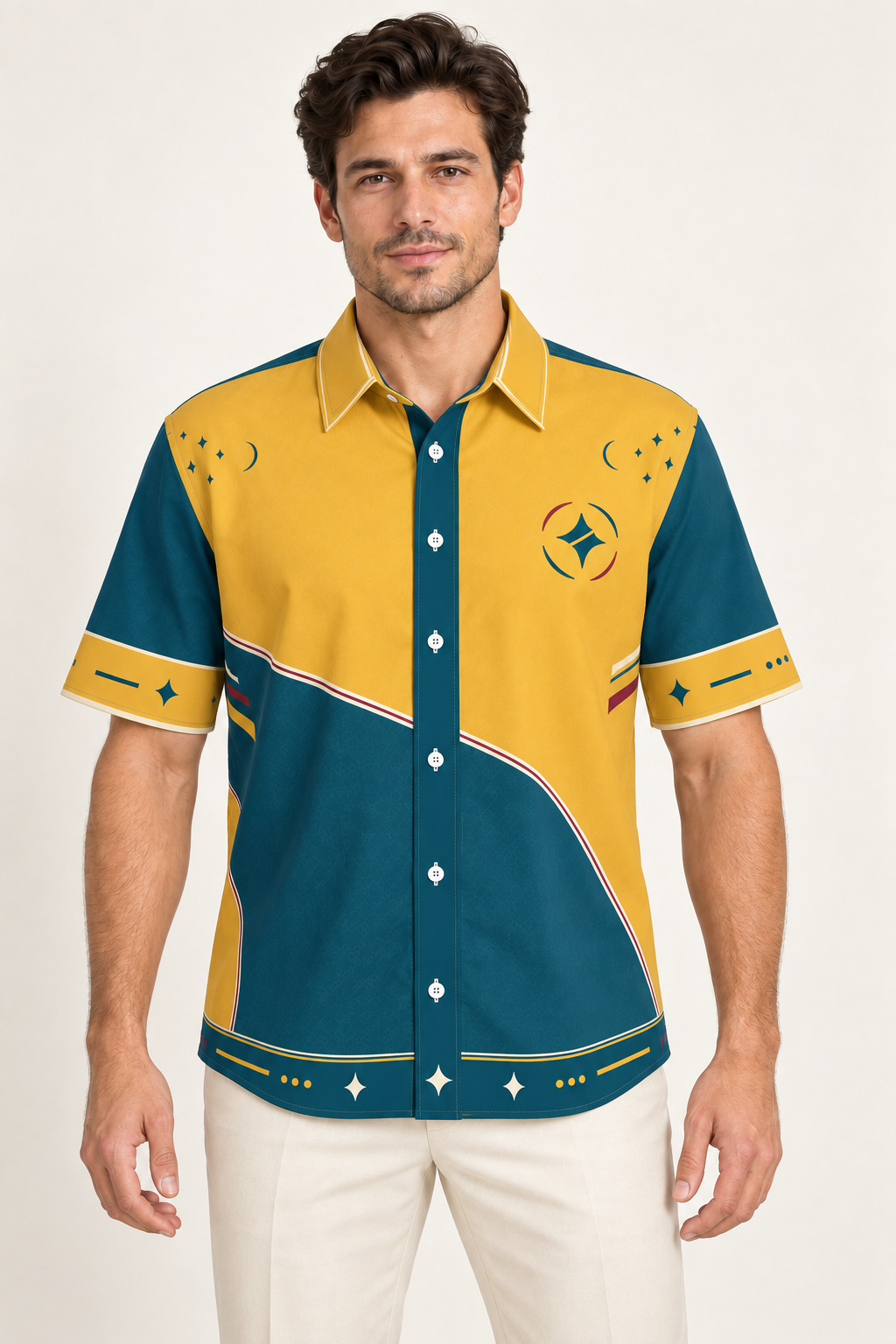 UNIKCOSA Saffron Current cotton satin shirt, front model view — AI styling illustration