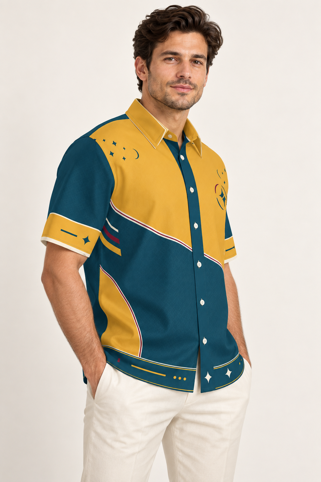 UNIKCOSA Saffron Current cotton satin shirt, side model view — AI styling illustration