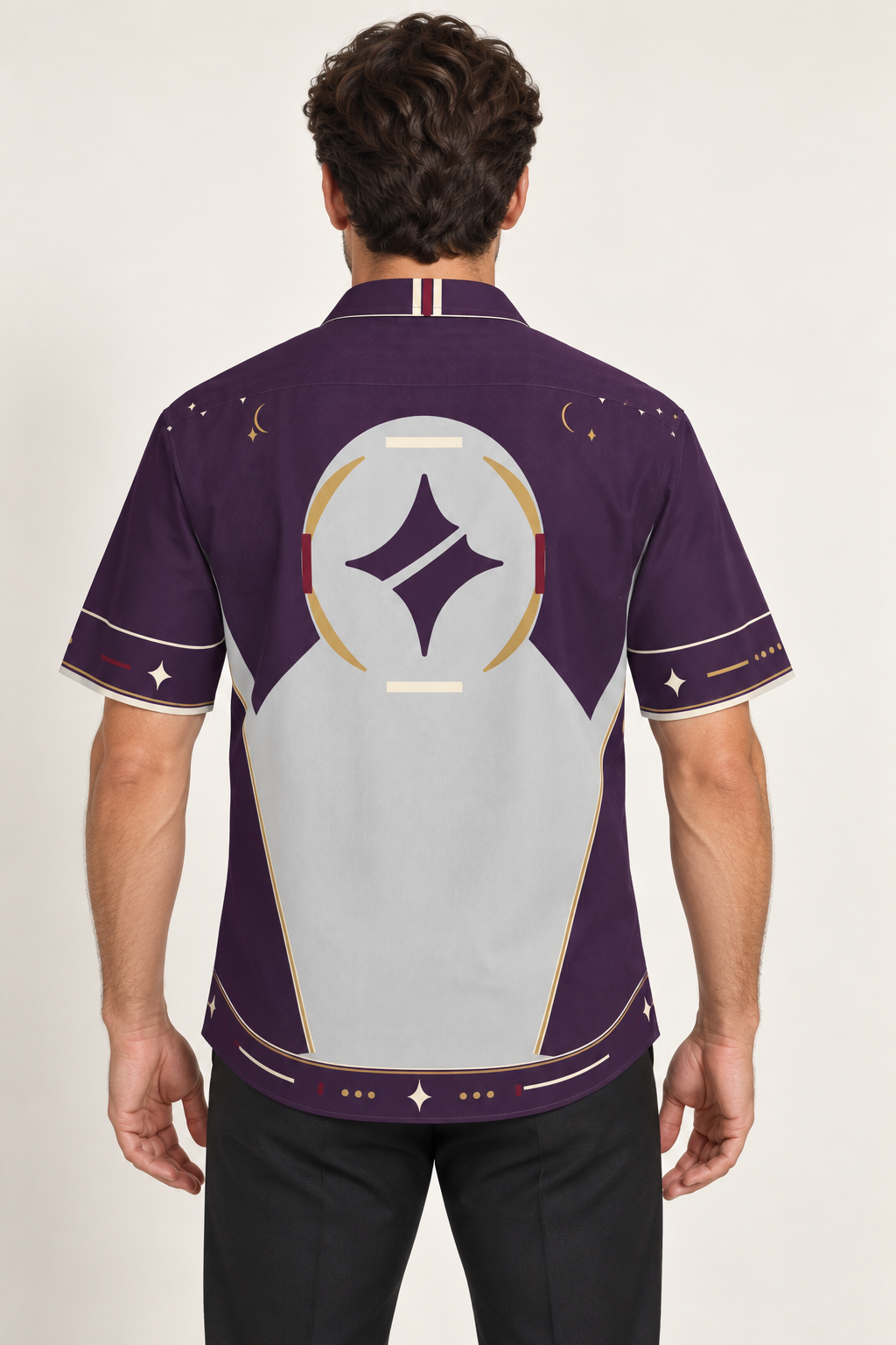 UNIKCOSA Silver Aubergine Salon cotton satin shirt, back model view — AI styling illustration