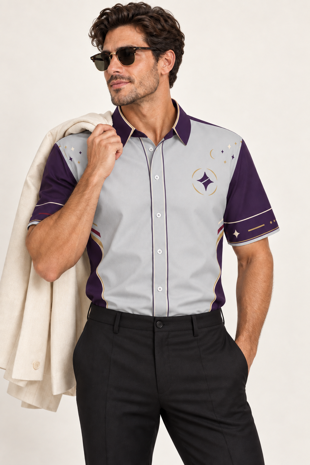 UNIKCOSA Silver Aubergine Salon cotton satin shirt, editorial model view — AI styling illustration