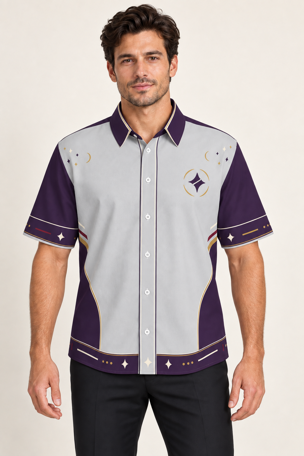 UNIKCOSA Silver Aubergine Salon cotton satin shirt, front model view — AI styling illustration