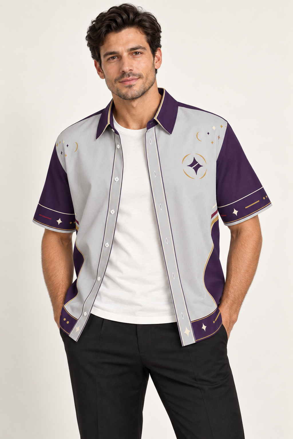 UNIKCOSA Silver Aubergine Salon cotton satin shirt, open model view — AI styling illustration
