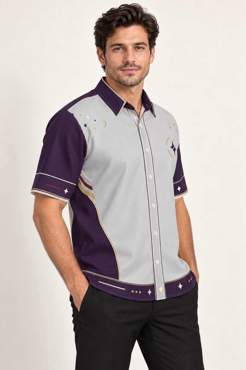 UNIKCOSA Silver Aubergine Salon cotton satin shirt, side model view — AI styling illustration